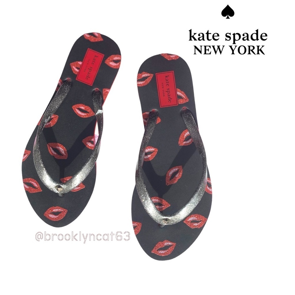 New Kate Spade New York Fiji Flip Flops Sandals Lips Lingonberry Black Red SZ 6